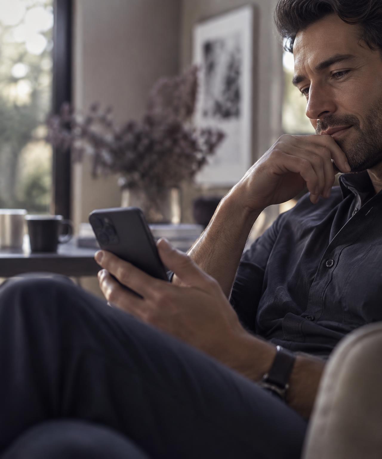 A man privately checking his phone at home